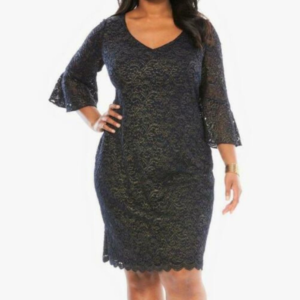 Formal Cocktail Dress Navy/Gold Bell Sleeve Sheath